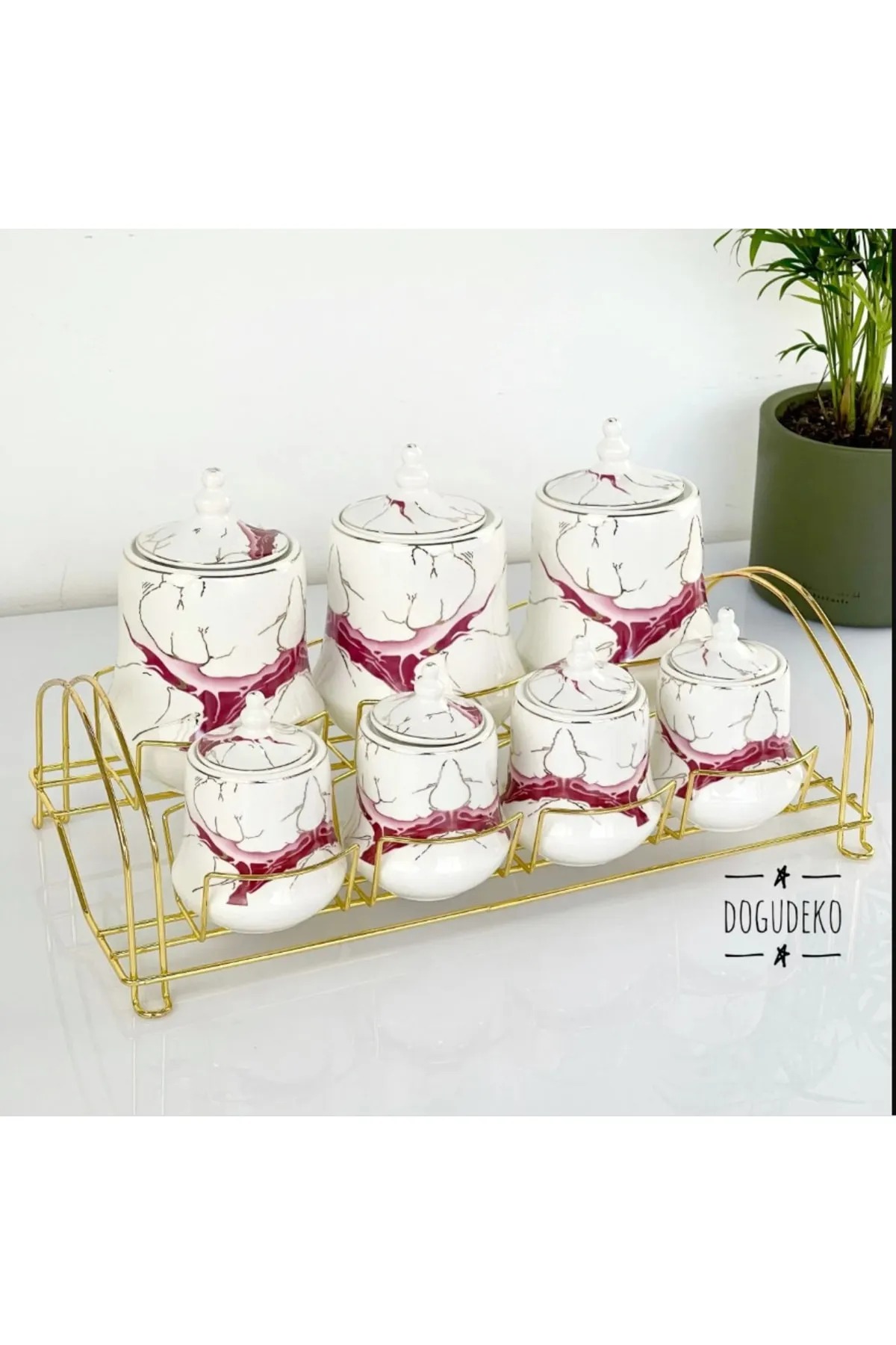 Lux Porcelain 7 Piece White Elya Pattern Spice Set With Stand