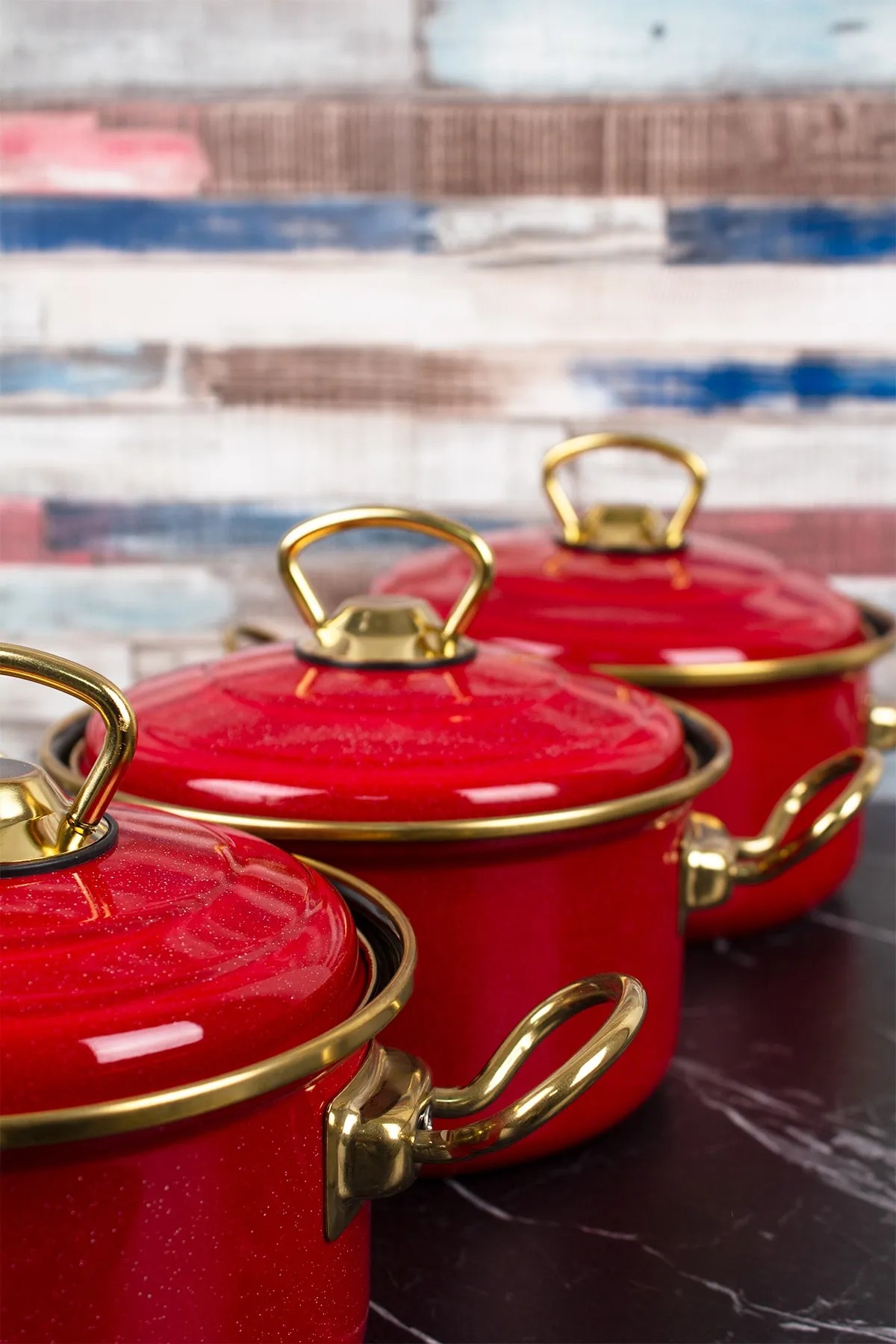 6 Pcs Mini Pot Red Gold Enamel Cookware Set ( 14-16-18 Cm )