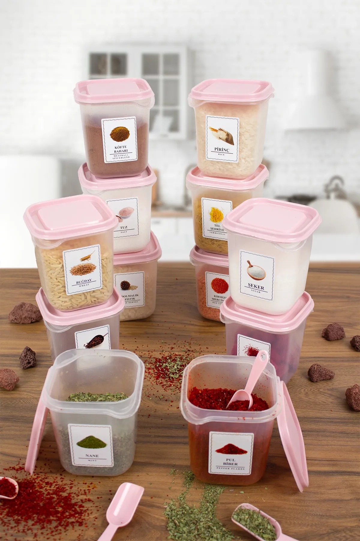 12 Pieces Plastic Pink Spice Set with Spoons and Washable Labels