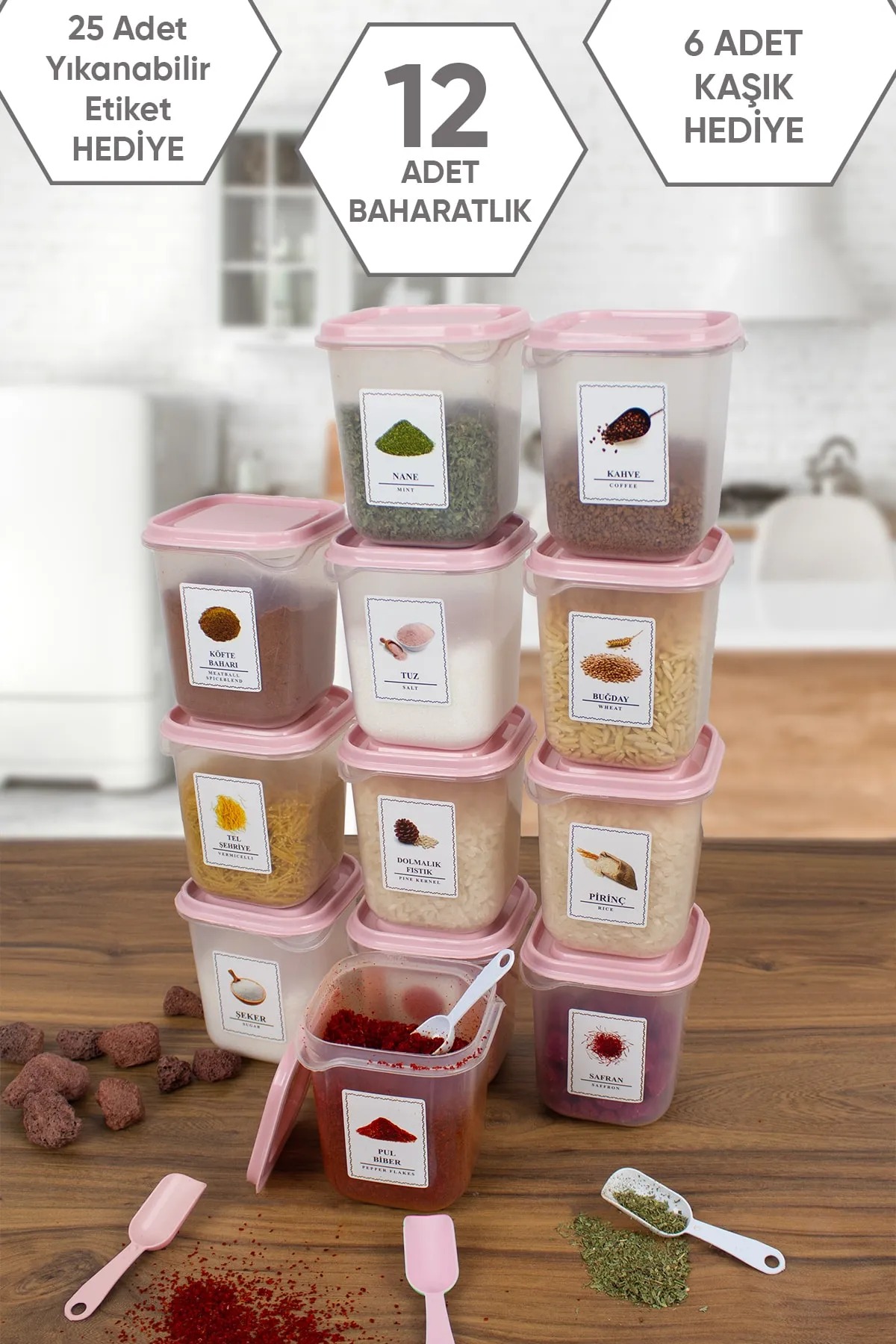 12 Pieces Plastic Pink Spice Set with Spoons and Washable Labels