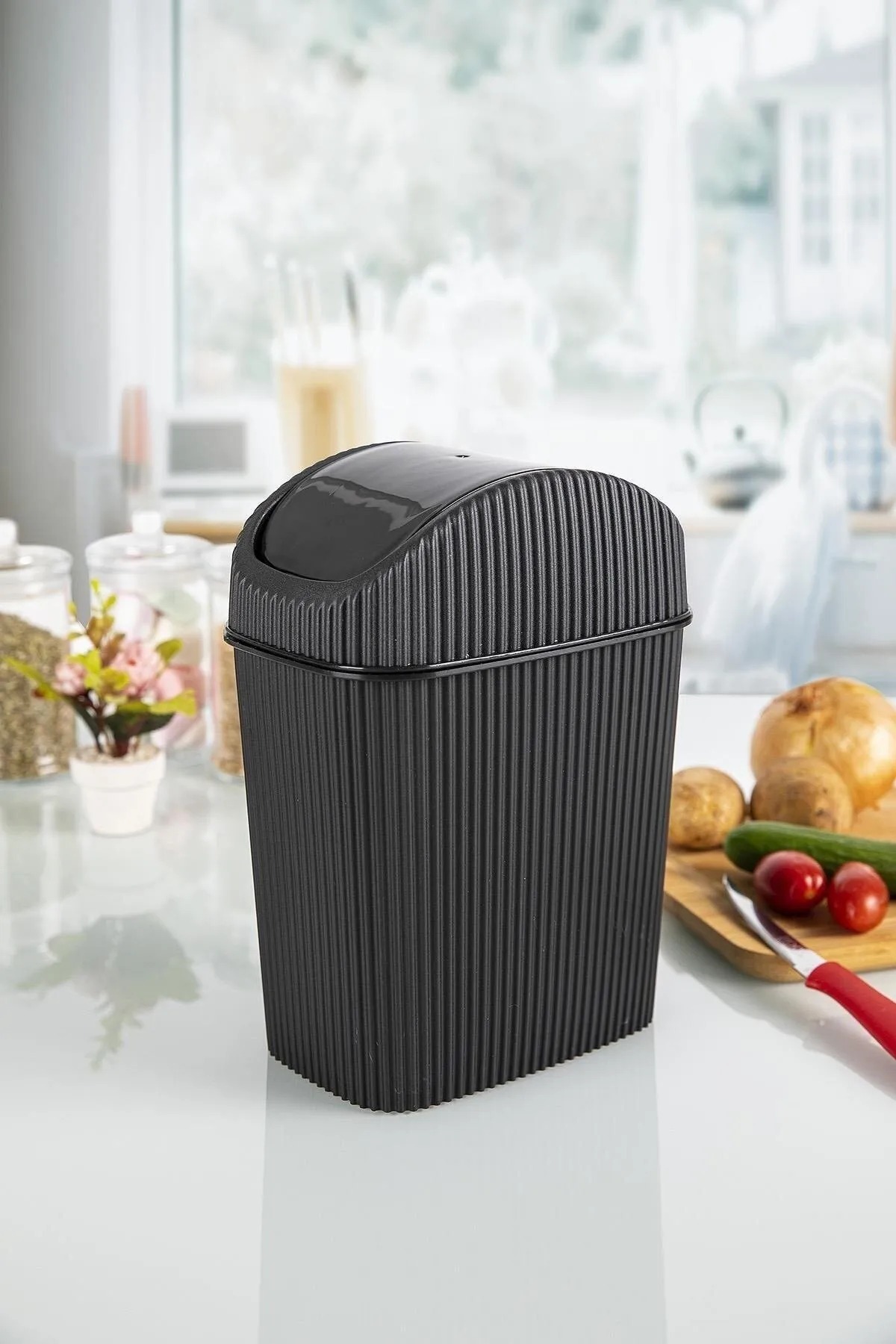 Counter Top Trash Can Kitchen Bathroom Beige Desktop Mini Trash Bin