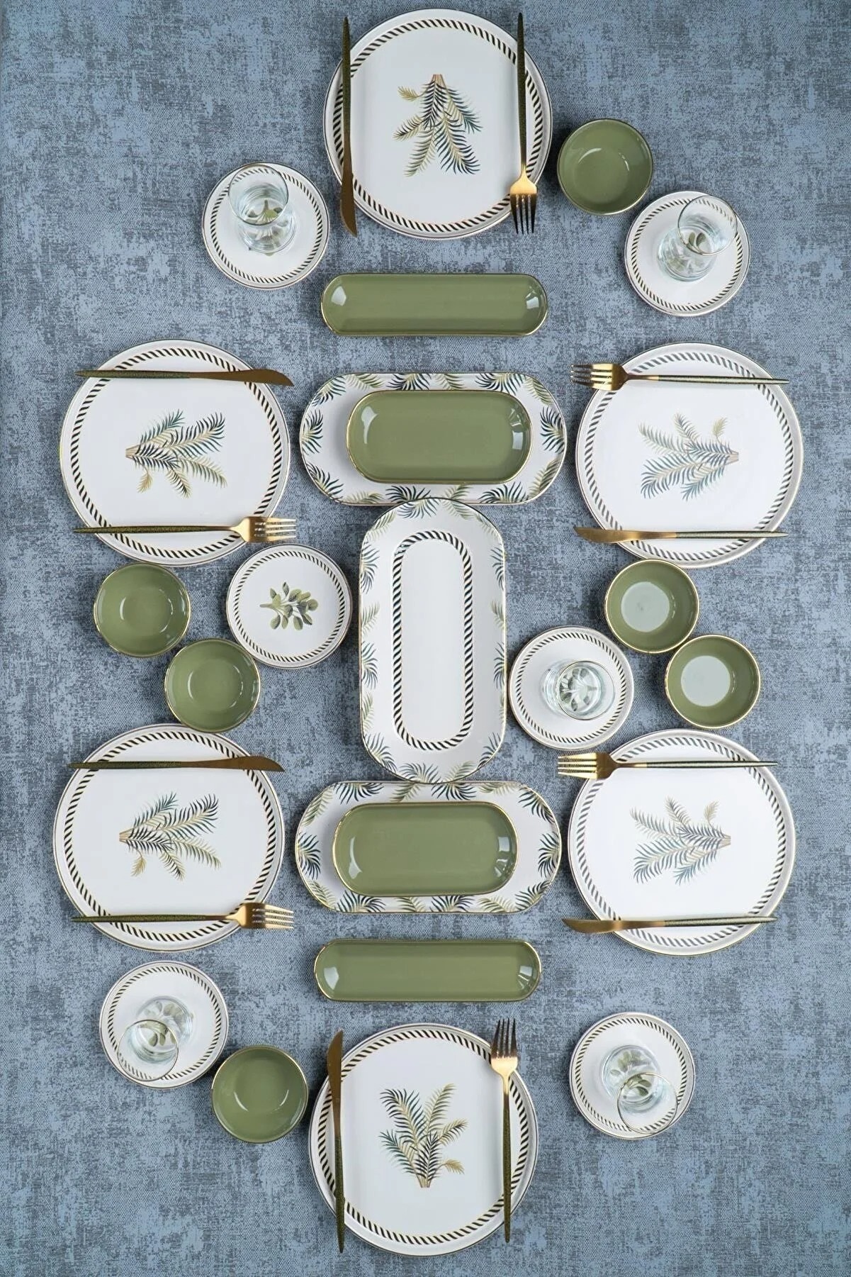 Pieces Green and White Patterned Gold Gilded Breakfast Set