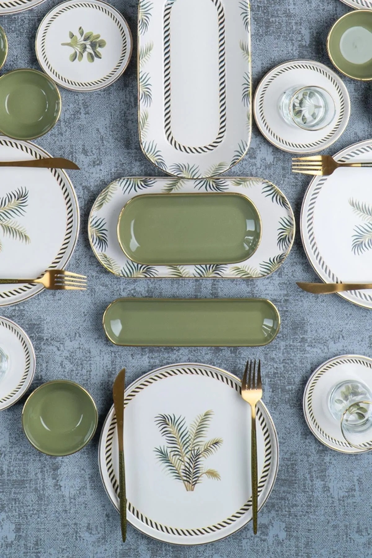 Pieces Green and White Patterned Gold Gilded Breakfast Set