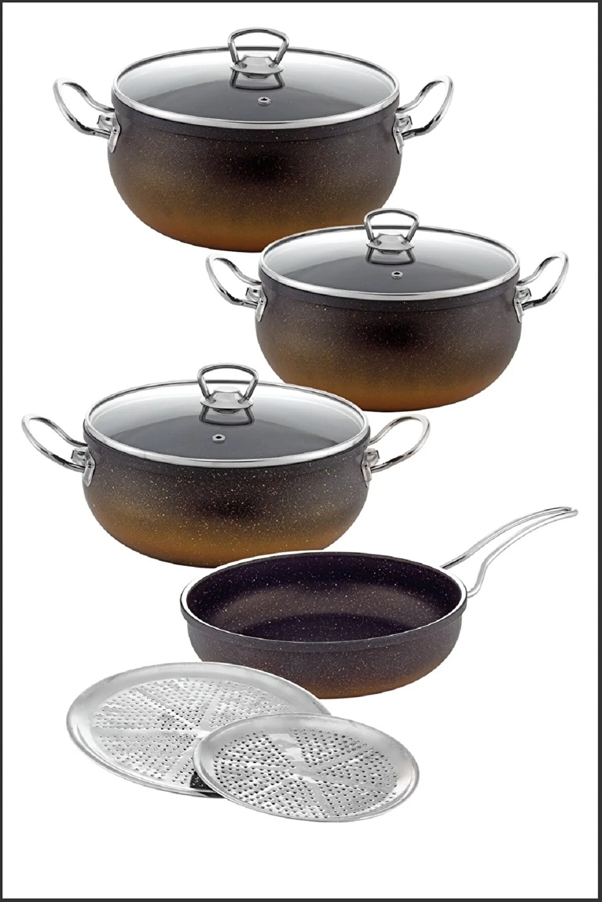 9 Pieces Iron Handle Black Granite Cookware Set