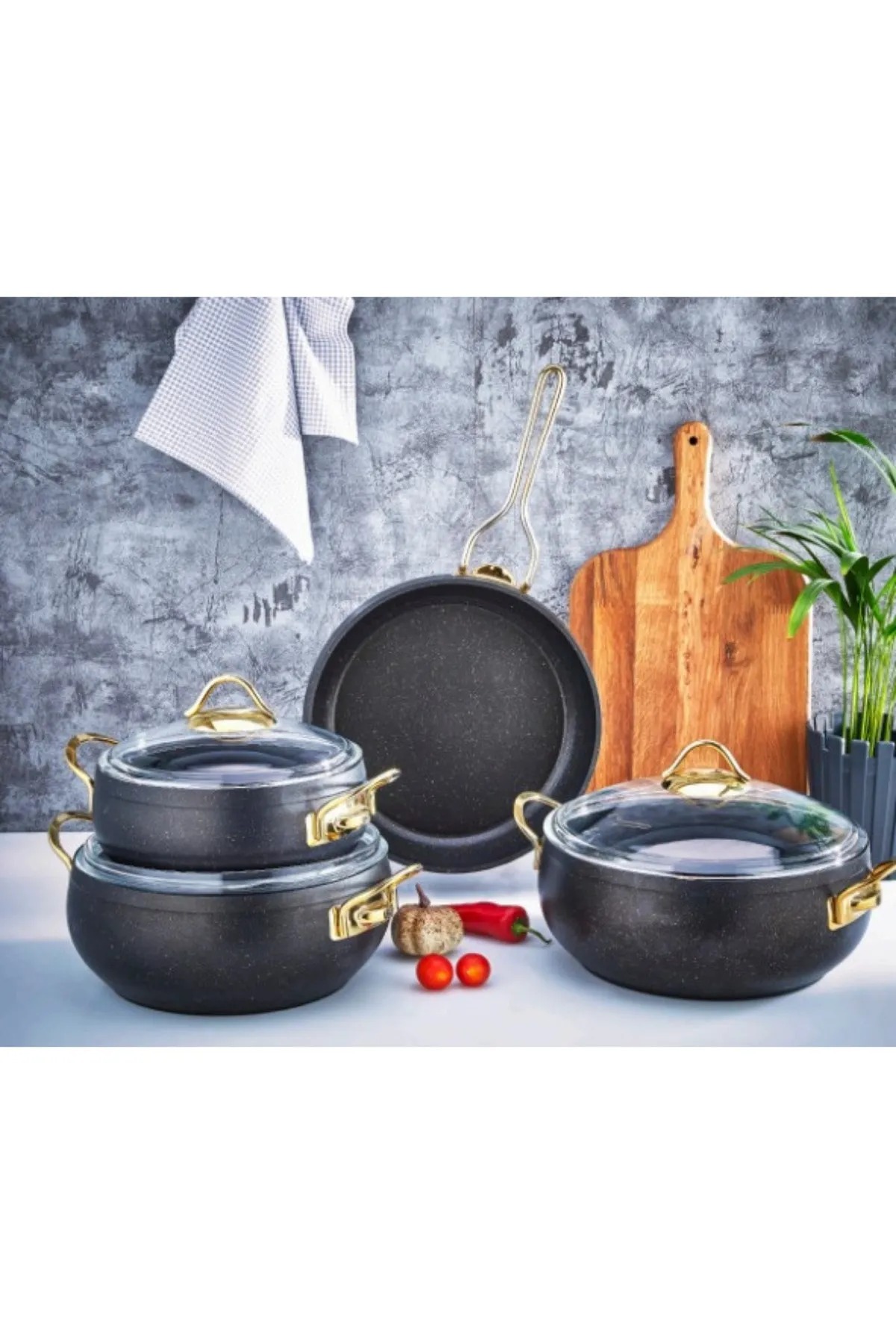 Nil Granite Casserole Set Metal Gold Handle Black Granite Cookware Set - 26 Cm