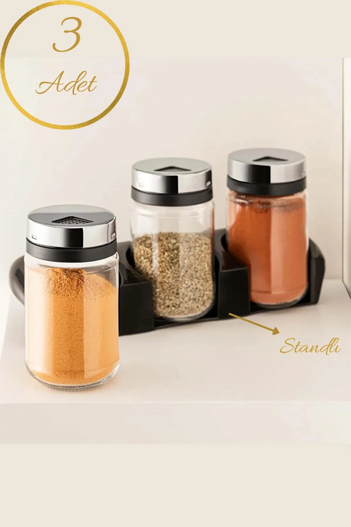 Premium 3 Piece Glass Spice Set With Stand