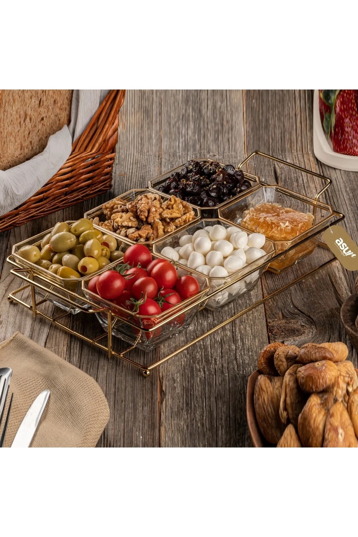 6 Section Glass Breakfast Holder with Gold Stand