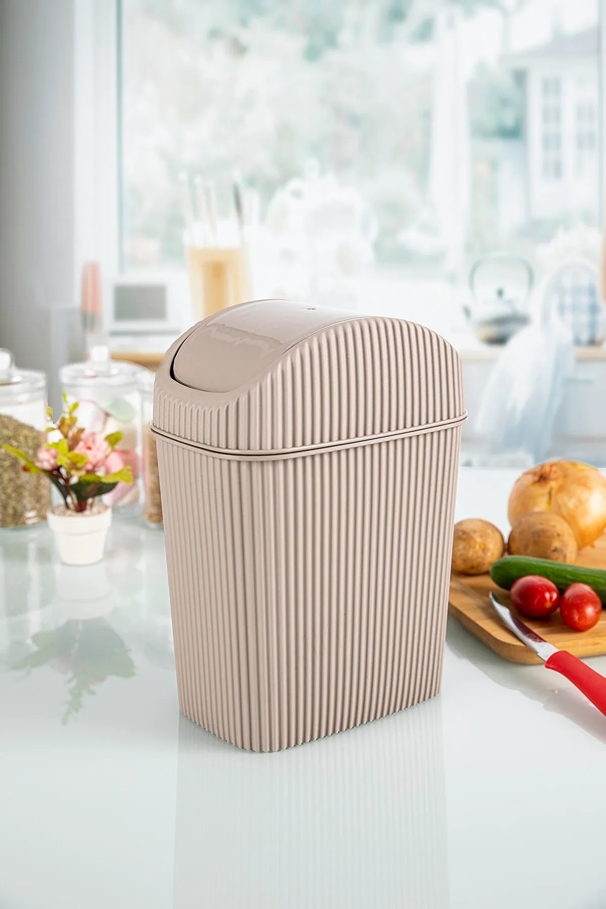 Counter Top Trash Can Kitchen Bathroom Beige Desktop Mini Trash Bin