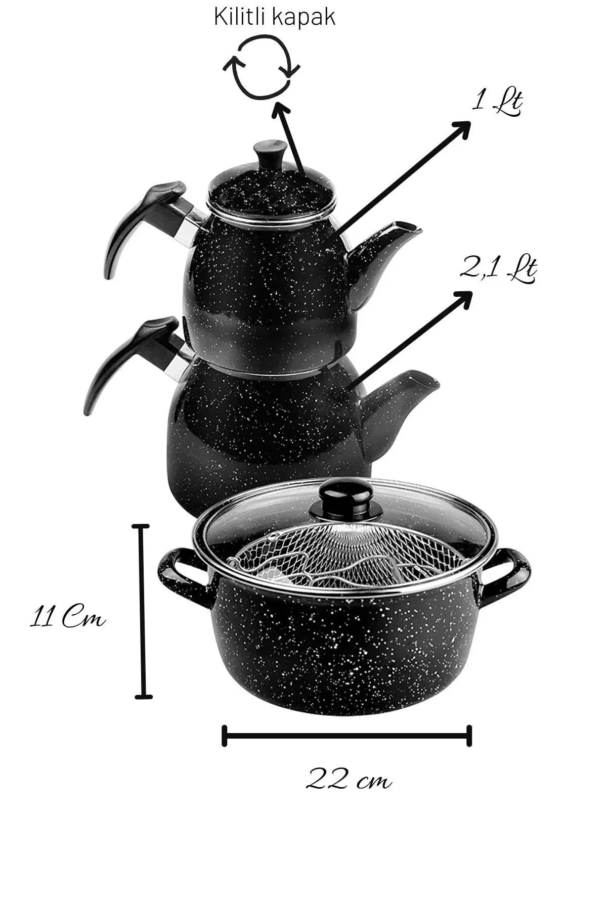 Black Granite 22 Cm Frying Pot & Enamel Teapot with Lock Lid Set of 2