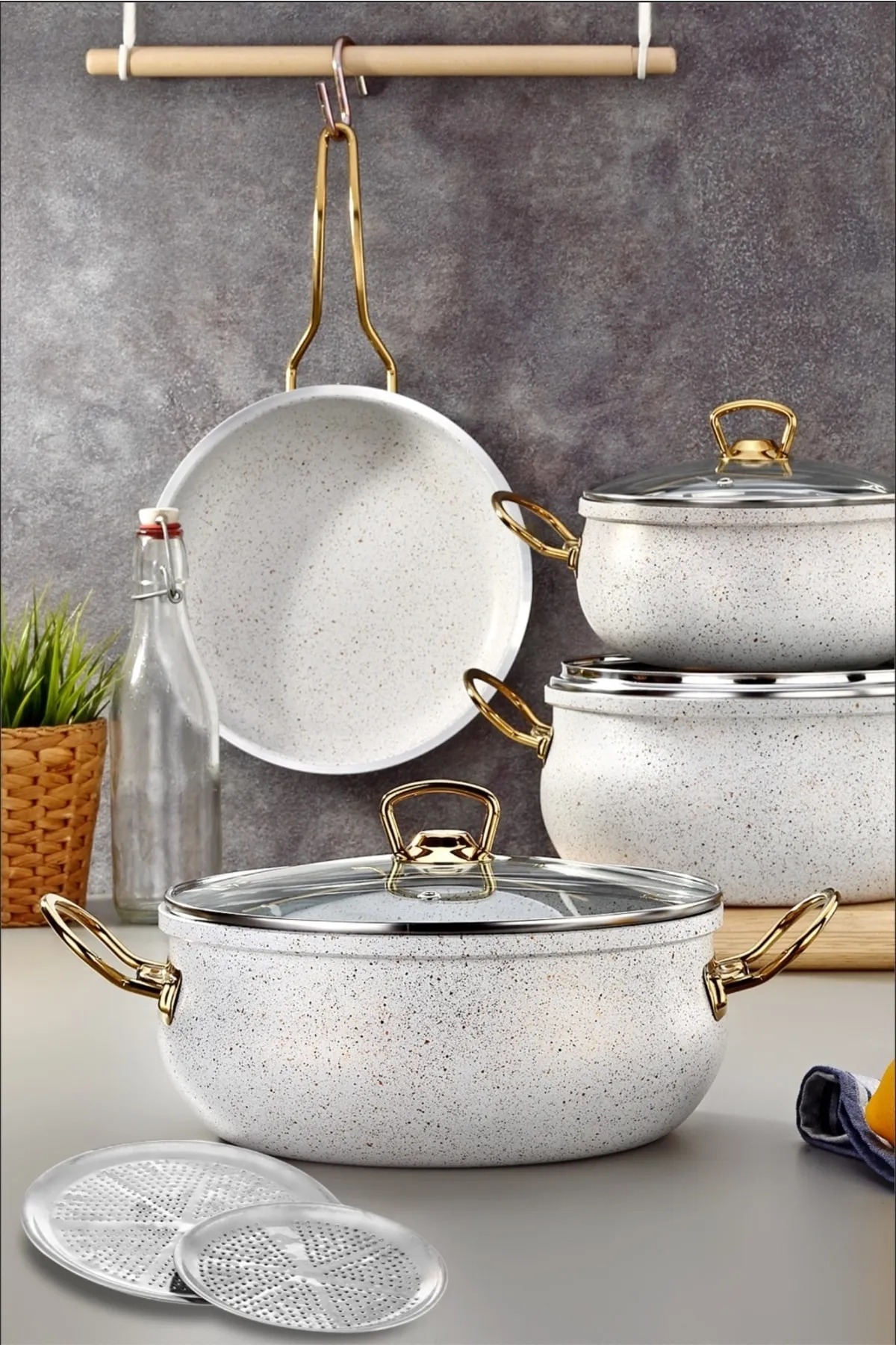 9 Piece Gold Iron Handle White Granite Cookware Set