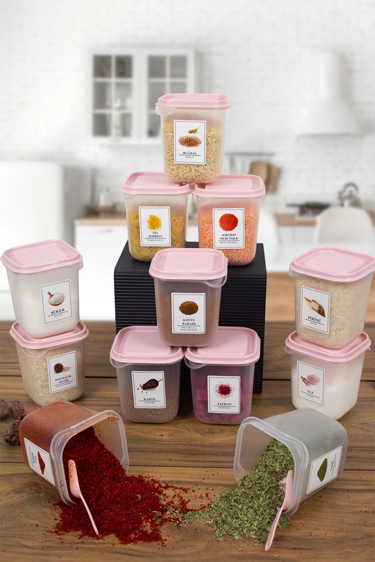 12 Pieces Plastic Pink Spice Set with Spoons and Washable Labels