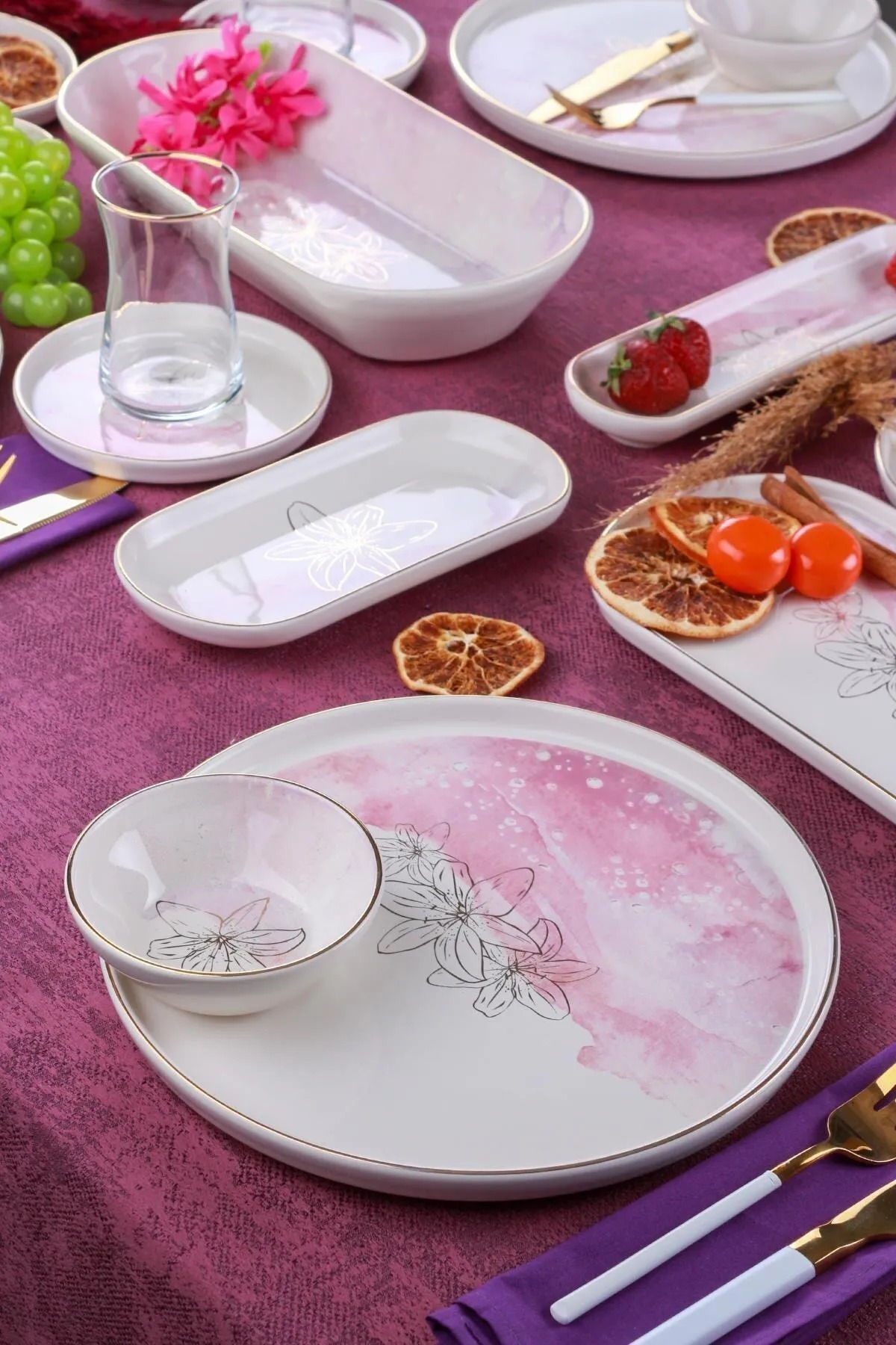 31 Pieces Pink and White Floral Breakfast Set for 6 Persons